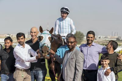 DUBAI, UNITED ARAB EMIRATES. 21 FEBRUARY 2020. Horse racing at Jebel Ali. Jebel Ali Stakes, Race 4. Winner Nr 5 Mark of Approval, ridden by Patrick Cosgrave and trained by Mahmoud Hussain. (Photo: Antonie Robertson/The National) Journalist: Antonie Robertson. Section: Sport.. 
