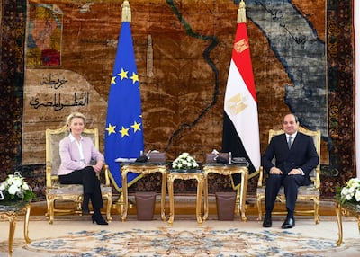 Egyptian President Abdel Fattah El Sisi and European Commission President Ursula von der Leyen in Cairo on Wednesday. EPA