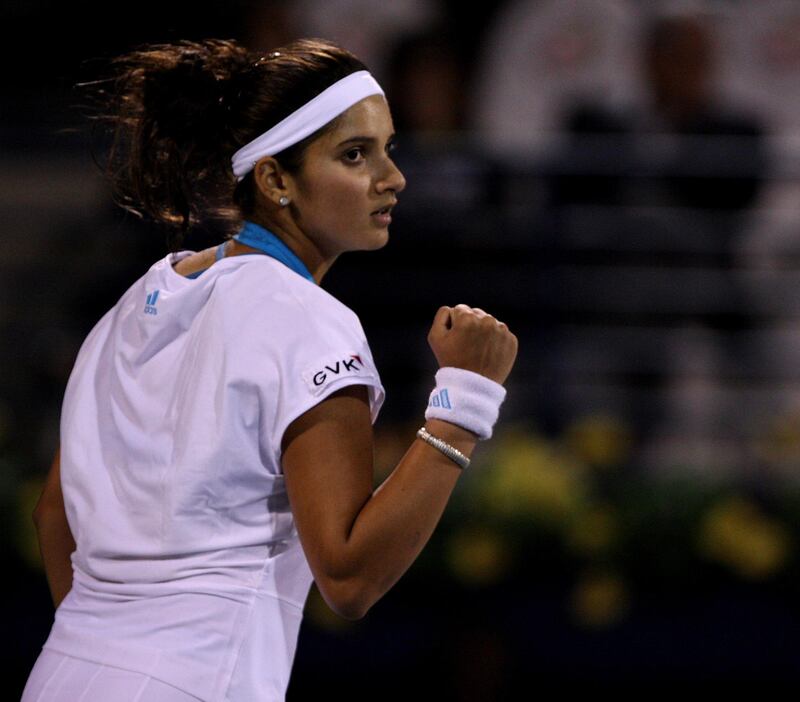 Sania Mirza of India reacts after defeating Vera Dushevina of Russia during the second day of the Barclays Dubai Tennis Championship at Dubai Tennis Stadium in Dubai, United Arab Emirates, Tuesday, February 26,2008. {Photo by Paulo Vecina}