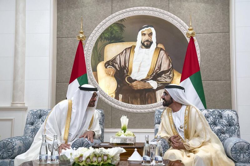 ABU DHABI, UNITED ARAB EMIRATES - October 31, 2017: HH Sheikh Mohamed bin Zayed Al Nahyan Crown Prince of Abu Dhabi Deputy Supreme Commander of the UAE Armed Forces (L) and HH Sheikh Mohamed bin Rashid Al Maktoum, Vice-President, Prime Minister of the UAE, Ruler of Dubai and Minister of Defence (R), attend a swearing in ceremony for newly appointed ministers, at Mushrif Palace.
( Mohamed Al Hammadi / Crown Prince Court - Abu Dhabi )
---