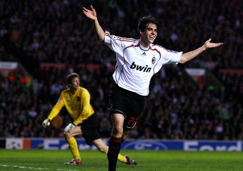 AC Milan's Brazilian midfielder Ricardo Kaka (R) celebrates scoring his second goal past Manchester United's Dutch goalkeeper Edwin Van der Sar during their European Champions League semi final first leg football match at Old Trafford in Manchester, north west England, 24 April 2007. AFP PHOTO/ANDREW YATES (Photo by ANDREW YATES / AFP)