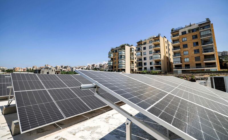 Solar panels cover the roof of a shopping mall in Byblos, Lebanon.