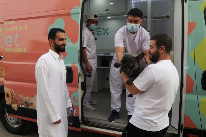 A client is delivered for a makeover at a mobile pet grooming in Riyadh, Saudi Arabia. Reuters