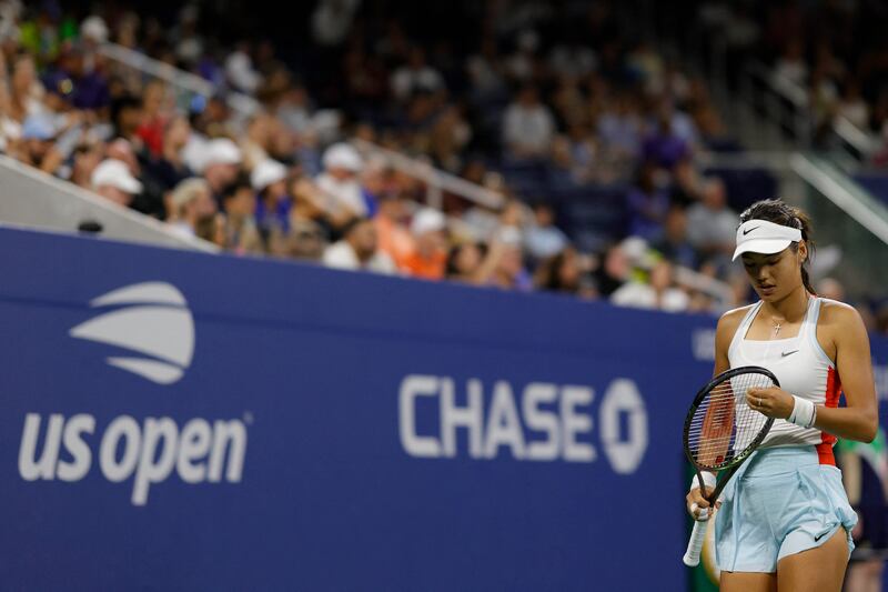 Emma Raducanu stands on court between points against Alize Cornet on day two of the 2022 US Open. Reuters