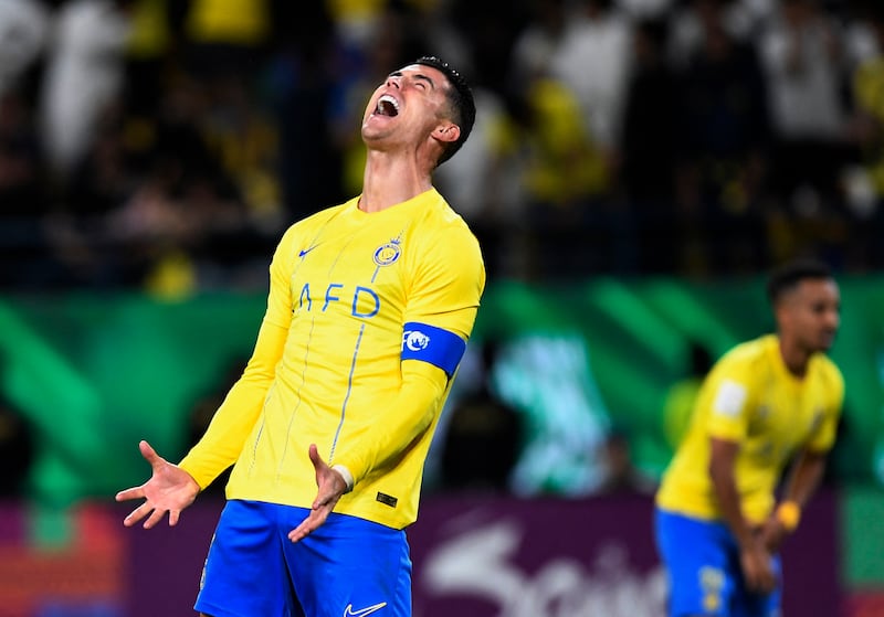 Al Nassr's Cristiano Ronaldo shows his frustration during the Asian Champions League quarter-final second leg against Al Ain at Al-Awwal Park in Riyadh on March 11, 2024. The UAE side won 3-1 on penalties after the match finished 4-3 to Al Nassr in normal time and 4-4 on aggregate. Reuters