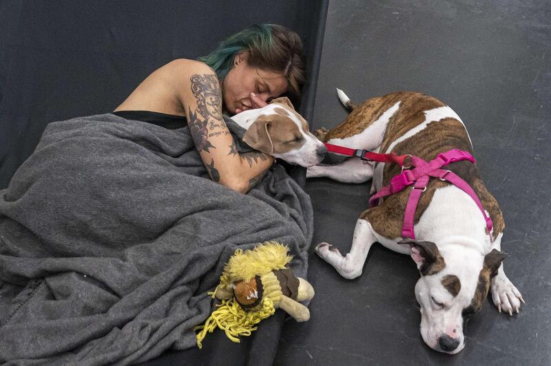 PORTLAND, OR - JUNE 27: Austun Wilde rests with her two dogs, Bird Is The Wurd and Fenrir at a cooling center in the Oregon Convention Center on June 27, 2021 in Portland, Oregon. Record breaking temperatures lingered over the Northwest during a historic heatwave this weekend.   Nathan Howard/Getty Images/AFP
== FOR NEWSPAPERS, INTERNET, TELCOS & TELEVISION USE ONLY ==
