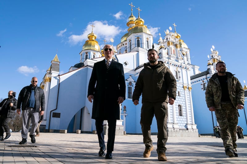 US President Joe Biden and Ukrainian President Volodymyr Zelenskyy in St Michael's Golden-Domed Cathedral in Kyiv, Ukraine. AP