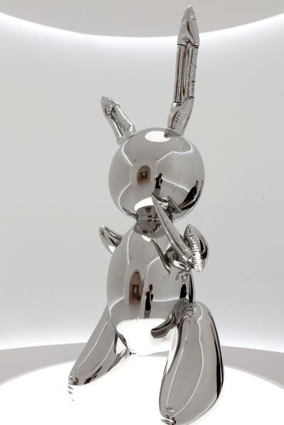 A 1986 "Rabbit" sculpture by American pop artist Jeff Koons is on display in this image released by Christie's auction in New York, U.S., May 16, 2019.   Courtesy Christie's/Handout via REUTERS  ATTENTION EDITORS - THIS IMAGE HAS BEEN SUPPLIED BY A THIRD PARTY. NO RESALES. NO ARCHIVES.