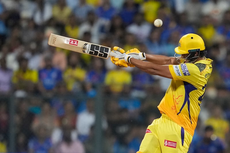Chennai Super Kings' Shivam Dube plays a shot. He ended the game on 66 not out from 38 balls. AP 
