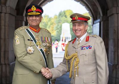 Sir Nick Carter greets Pakistan’s Army Chief, General Bajwa in 2018. Ministry Of Defence/Twitter  