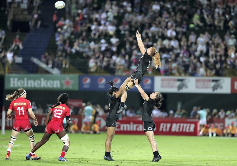Dubai, United Arab Emirates - December 07, 2019: Niall Williams of New Zealand catches the ball in the line out during the match between New Zealand and Canada in the womens final at the HSBC rugby sevens series 2020. Saturday, December 7th, 2019. The Sevens, Dubai. Chris Whiteoak / The National