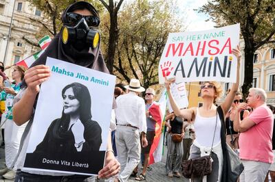 Protesters in Rome demonstrate at the one-year anniversary of the death of 22-year-old Mahsa Amini. AP
