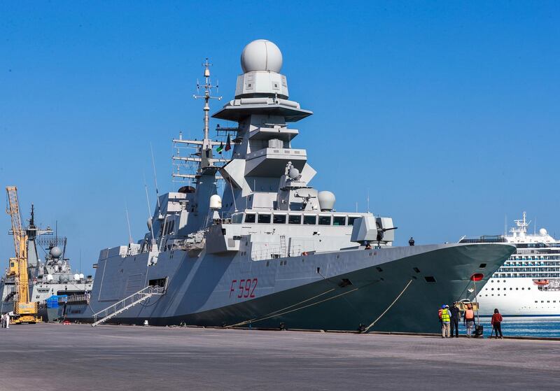 Abu Dhabi, U.A.E., February 14, 2019.  European Multi-Mission Frigate (FREMM), Carlo Margottini has docked at the Abu Dhabi Port with Commander Marco Guerriero.  Victor Besa/The NationalSection:  NAReporter:  Charlie Mitchell