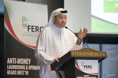 Osama Al Rahma, chief executive of Al Fardan Exchange and vice chairman of the Foreign Exchange & Remittance Group (FERG), speaking at an anti-money laundering meeting in Dubai Sunday. Leslie Pableo / The National