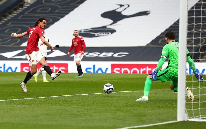 Edinson Cavani scores for United before the goal was ruled out following a VAR review. PA