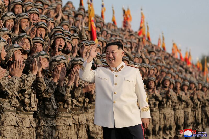 North Korean leader Kim Jong Un meets troops who had taken part in the military parade to mark the 90th anniversary of the founding of the Korean People's Revolutionary Army. Reuters