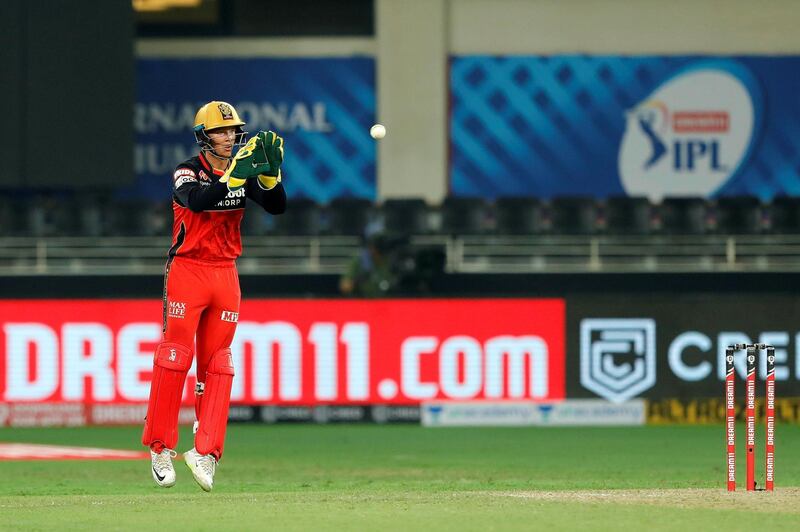 Joshua Philippe of Royal Challengers Bangalore keeping during match 3 of season 13 Dream 11 Indian Premier League (IPL) between Sunrisers Hyderabad and Royal Challengers Bangalore held at the Dubai International Cricket Stadium, Dubai in the United Arab Emirates on the 21st September 2020.  Photo by: Saikat Das  / Sportzpics for BCCI