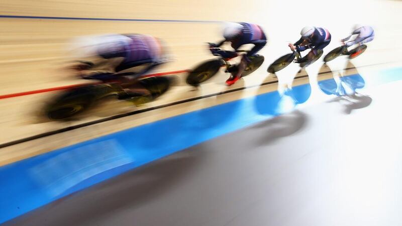 The French team pursuit riders Adrien Garel, Morgan Kneisky, Louis Pijourlet and Benjamin Thomase compete in the men’s final race in Apeldoorn, Netherlands.  Dean Mouhtaropoulos / Getty Images