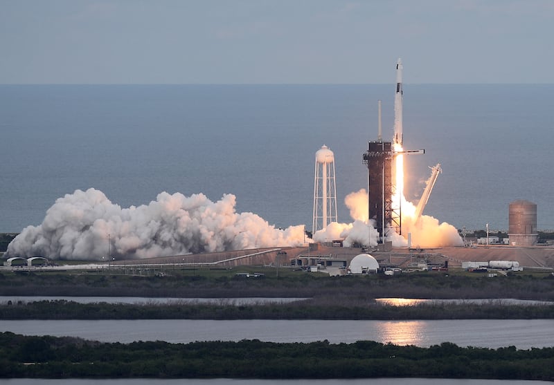 The SpaceX Falcon 9 rocket with the Crew Dragon spacecraft lifts off from pad 39A at the Kennedy Space Centre. Getty 