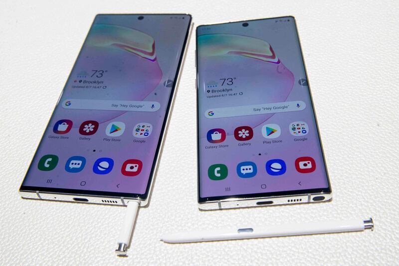 The Samsung Galaxy Note 10, right, and the Galaxy Note 10 Plus are on display. AP Photo