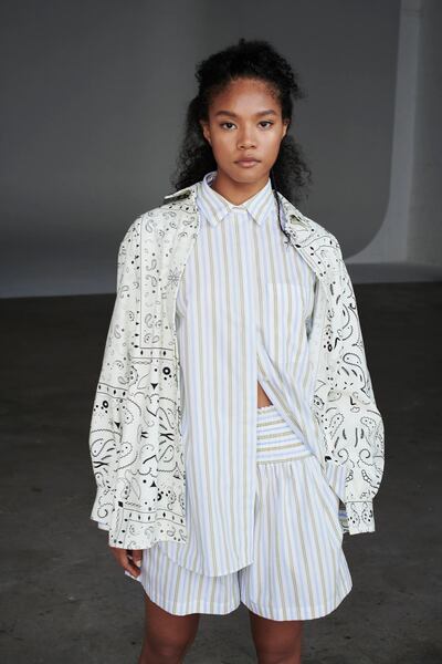 Striped shirting is featured throughout Thakoon's newest collection. Photo: Thakoon