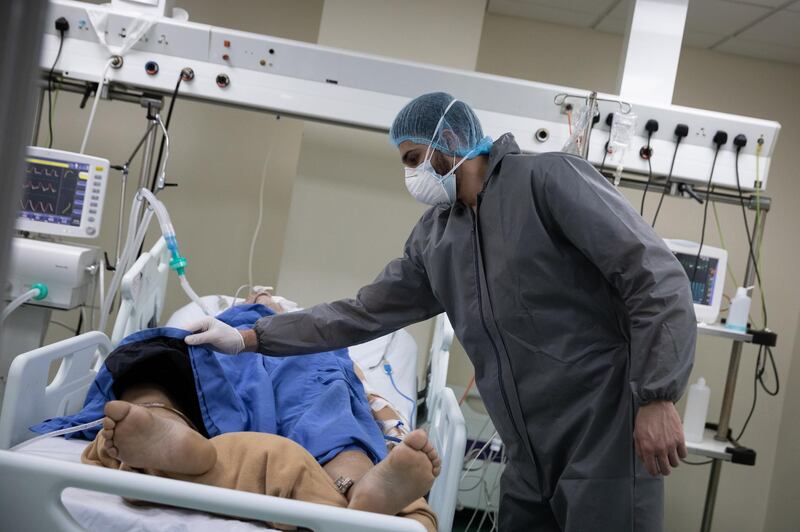 ©2021 Tom Nicholson. 12/01/2021. Beirut, Lebanon. The Intensive Care Unit (ICU) at the Rafic Hariri University Hospital in southern Beirut, Lebanon. The country will go into a more severe lockdown on Thursday to curb a widespread increase in cases of COVID-19 Coronavirus. Photo credit : Tom Nicholson / The National