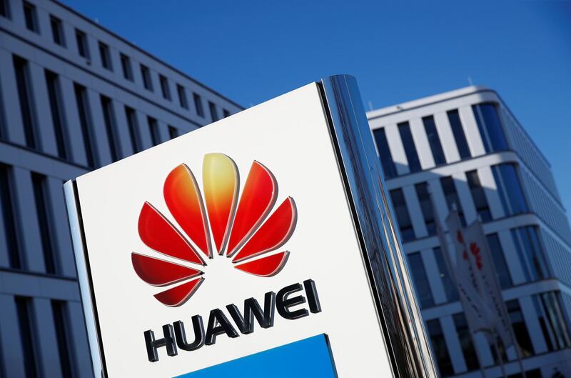 The logo of Huawei Technologies is pictured in front of the German headquarters of the Chinese telecommunications giant in Duesseldorf, Germany, February 18, 2019.    REUTERS/Wolfgang Rattay