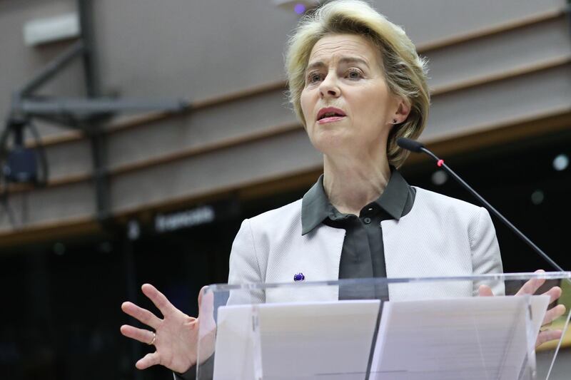 European Commission president Ursula von der Leyen unveils the Commission's broad orientations of 'Green New Deal' plan to fight climate change before the European Parliament in Brussels on December 11, 2019.  / AFP / ARIS OIKONOMOU
