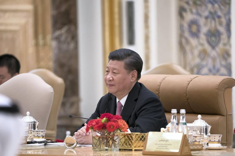 ABU DHABI, UNITED ARAB EMIRATES - July 20, 2018: HE Xi Jinping, President of China (2nd R), attends a meeting during a reception at the Presidential Palace. 

( Rashed Al Mansoori / Crown Prince Court - Abu Dhabi )
---