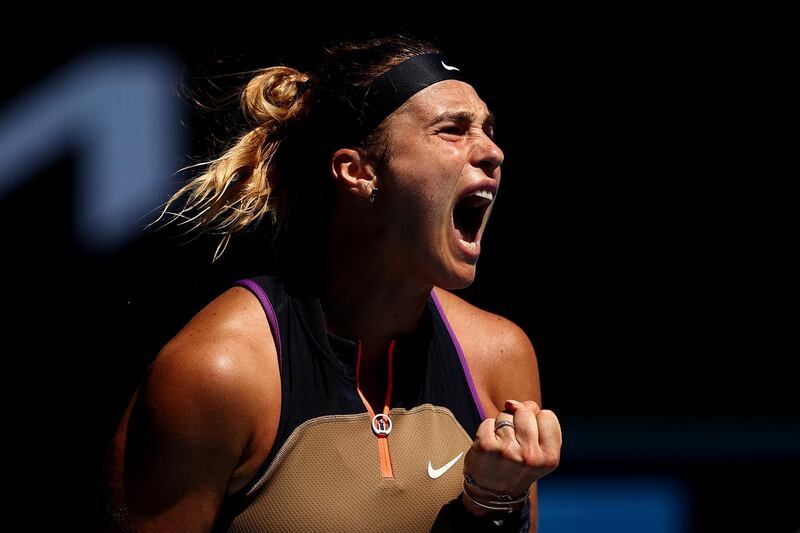 Aryna Sabalenka of Belarus celebrates after winning the first set in her second round match against Daria Kasatkina of Russia on day three of the Australian Open in Melbourne. Getty