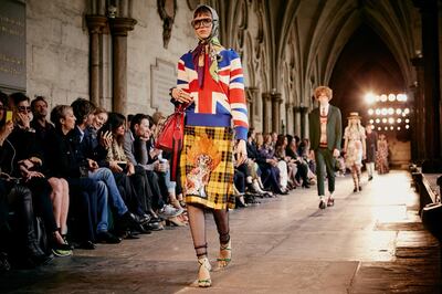A handout photo of a model walking the runway during the Gucci Cruise 2017 fashion show at the Cloisters of Westminster Abbey on June 2, 2016 in London, England (Courtesy: Gucci) *** Local Caption ***  lm08se-gucci-cruise01.jpg