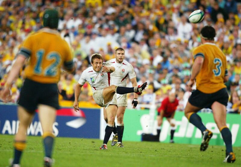 SYDNEY - NOVEMBER 22:  Jonny Wilkinson kicks the winning drop goal to give England victory in extra time during the Rugby World Cup Final between Australia and England held on November 22, 2003 at the Telstra Stadium in Sydney, Australia. England won the match 20-17. (Photo by Dave Rogers/Getty Images)