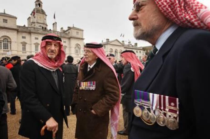 LONDON - NOVEMBER 11:  Veterans of the Trucial Oman Scouts prepare to take part in Remembrance Sunday ceremonies on November 11, 2007 in London. Queen Elizabeth II led the Remembrance Sunday ceremony commemorations to remember the sacrifices made by Britain's war dead.  (Photo by Peter Macdiarmid/Getty Images)

From L to R: Peter Clayton, John Overs & Tony Ford of the Trucial Oman Scouts. **eds note ** Karen**  This ID information comes from the Trucial Scouts site Flicker site http://www.flickr.com/photos/19088750@N00/2001267267/