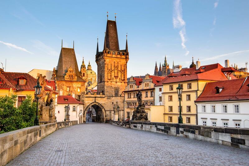 Prague, Czech Republic. Charles Bridge with its statuette, Lesser Town Bridge Tower and the tower of the Judith Bridge. Courtesy Four Seasons