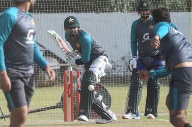 Pakistan's captain Babar Azam (2L) bats during team's practice session in Lahore on June 2, 2022 ahead of the West Indies cricket tour of Pakistan.  (Photo by Arif ALI  /  AFP)