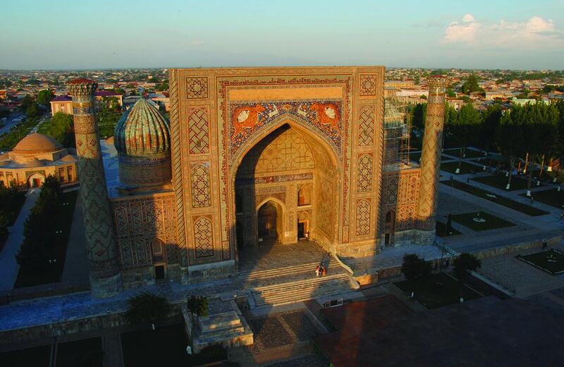 The Tilla-Kari madrasa, completed in 1660, is the most modern of the three schools that form the Registan in Samarkand. Photo by John Henzell 