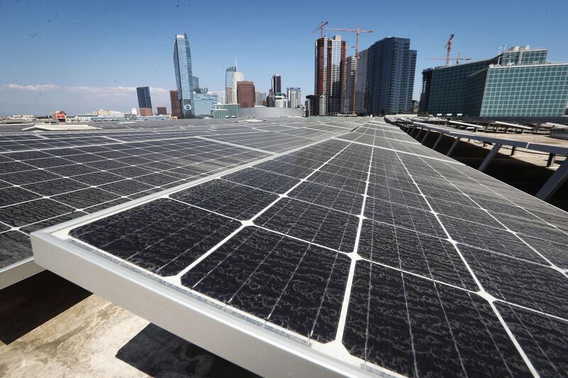LOS ANGELES, CA - SEPTEMBER 05: Solar panels are mounted atop the roof of the Los Angeles Convention Center on September 5, 2018 in Los Angeles, California. The solar array of 6,228 panels is expected to generate 3.4 million kilowatt hours of electricity per year. A landmark bill committing the state to 100 percent clean energy by 2045 may be signed by California Governor Jerry Brown.   Mario Tama/Getty Images/AFP
== FOR NEWSPAPERS, INTERNET, TELCOS & TELEVISION USE ONLY ==
