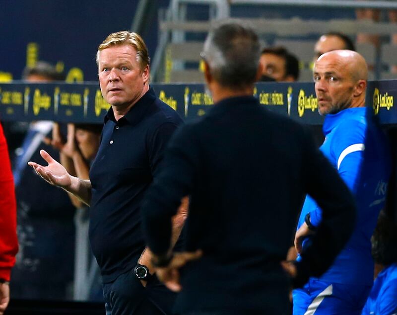 Barcelona manager Ronald Koeman reacts after he is shown a red card by referee Carlos del Cerro Grande. Reuters