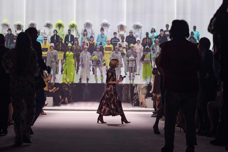 British journalist and editor-in-chief of 'Vogue' Anna Wintour, centre, on the runway at The Hammerstein Ballroom in New York. AFP