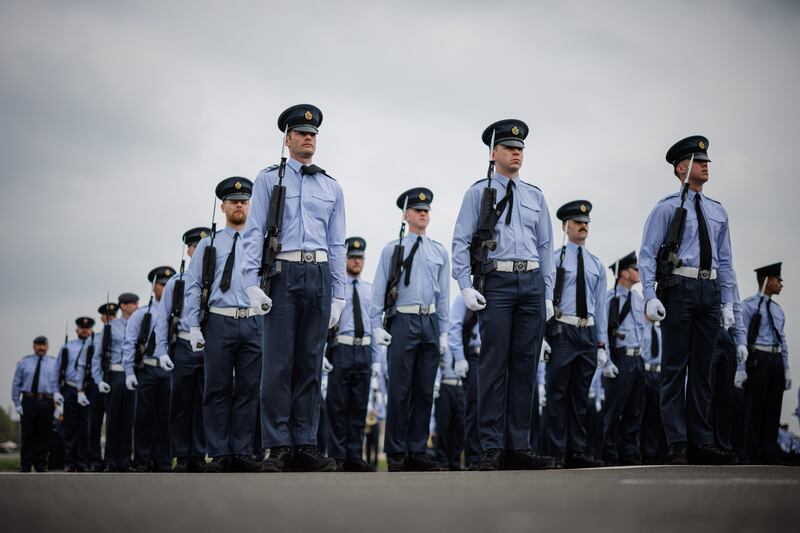 RAF personnel stand in formation for the rehearsal. Getty