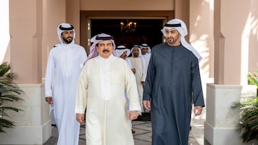 President Sheikh Mohamed was received by King Hamad of Bahrain at his resident in Abu Dhabi. Photo: UAE Presidential Court