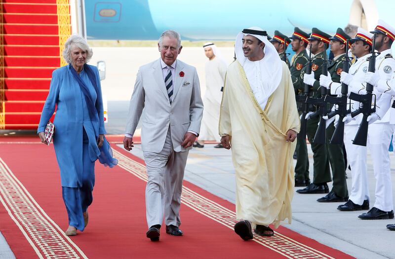 ABU DHABI, UNITED ARAB EMIRATES - November 06, 2016: HH Sheikh Abdullah bin Zayed Al Nahyan, UAE Minister of Foreign Affairs and International Cooperation (R), receives HRH Prince Charles Prince of Wales (C) and The Duchess of Cornwall (L), upon their arrival at the Presidential Airport, commencing an official visit to the UAE. 

( Pawan Singh for the Crown Prince Court - Abu Dhabi )
--- *** Local Caption ***  na07no-charles-p4.jpg