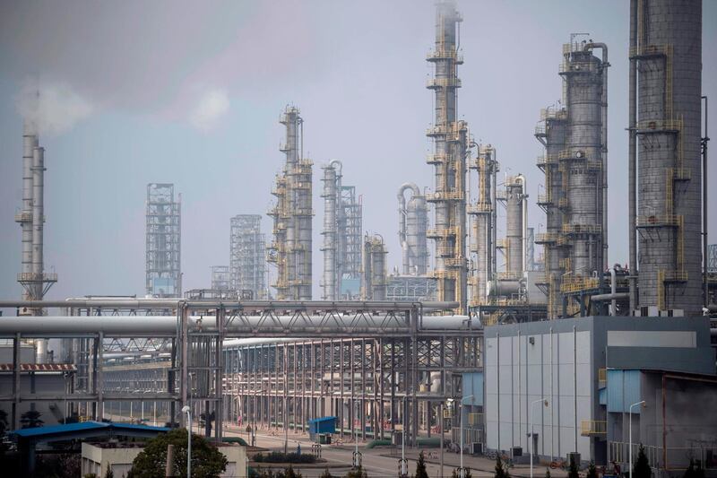 A general view shows the Secco Petrochemical complex in Shanghai on March 26, 2018.
China launched yuan-denominated oil futures contracts on March 26, marking the first time foreign investors will have access to Chinese commodity futures as the world's top crude importer seeks greater influence over global prices. / AFP PHOTO / Johannes EISELE
