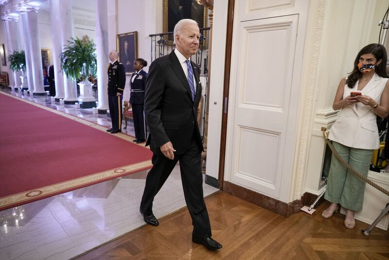 US President Joe Biden arrives to speak before presenting Presidential Medals of Freedom in the East Room of the White House in Washington. Bloomberg