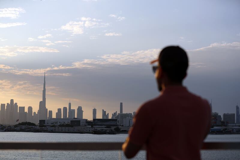 Dubai's famous skyline across Dubai Creek seen from the viewing deck. Access to the platform is free