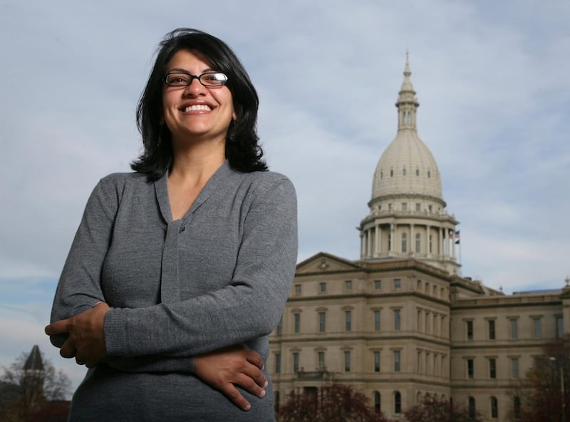 FILE - In this Nov. 6, 2008 file photo, Rashida Tlaib, a Democrat, is photographed outside the Michigan Capitol in Lansing, Mich. The Michigan primary victory of Tlaib, who is expected to become the first Muslim woman and Palestinian-American to serve in the U.S. Congress, is rippling across the Middle East. In the West Bank village where Tlaibâ€™s mother was born, residents are greeting the news with a mixture of pride and hope that she will take on a U.S. administration widely seen as hostile to the Palestinian cause. (AP Photo/Al Goldis, File)