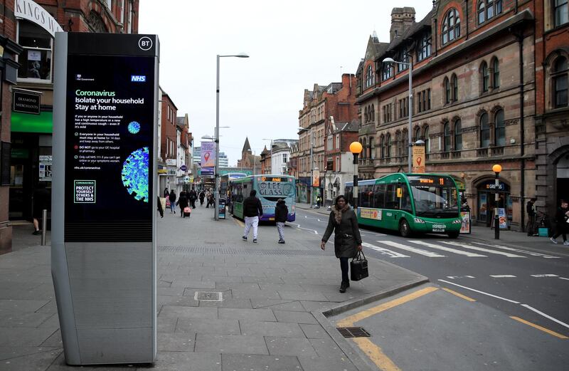 Coronavirus information being shown on an LED information board on Upper Parliament Street in Nottingham after NHS England announced that the coronavirus death toll had reached 137 in the UK. (Photo by Simon Cooper/PA Images via Getty Images)