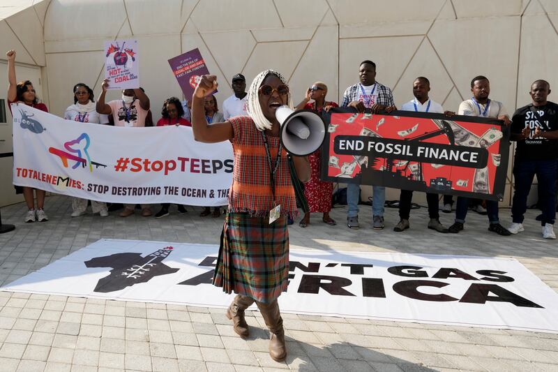 Activist Ina-Maria Shikongo leads a demonstration against fossil fuels at Cop28 on December 10, 2023. AP