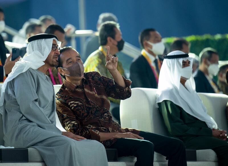 Sheikh Mohamed and Mr Widodo attend the Indonesian National Day celebrations at Expo 2020.