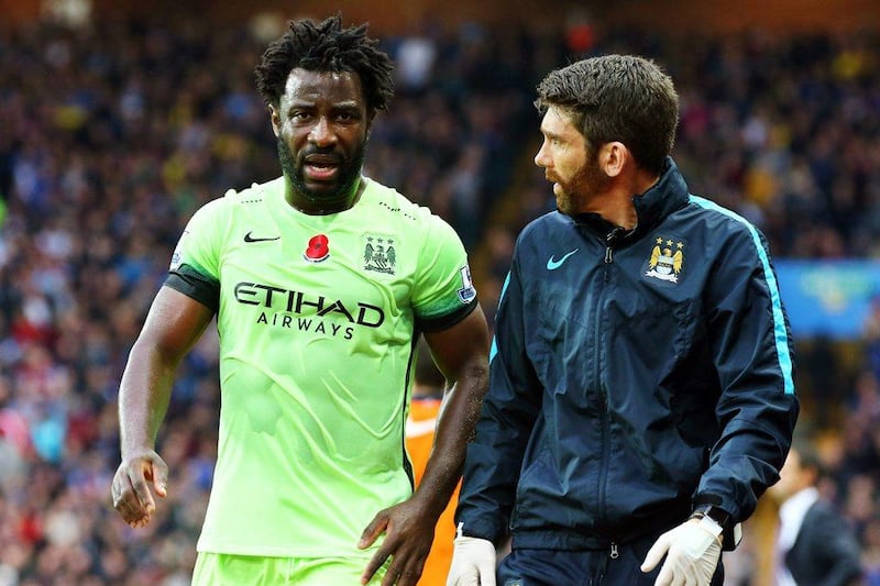 Manchester City’s Wilfried Bony leaves the pitch after sustaining a hamstring an injury on Sunday in his team’s draw against Aston Villa. Tim Keeton / EPA / November 8, 2015 
